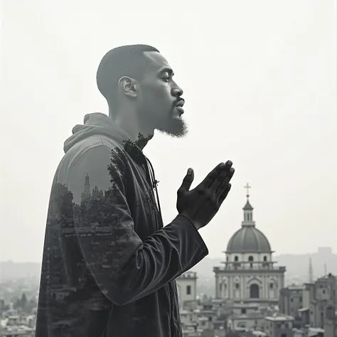 high quality, 8K Ultra HD, A beautiful double exposure that combines a silhouette of a black man praying in Nazareth 2000 years ago, a church building should serve as the underlying backdrop, with its details incorporated into the black man, crisp lines, T...