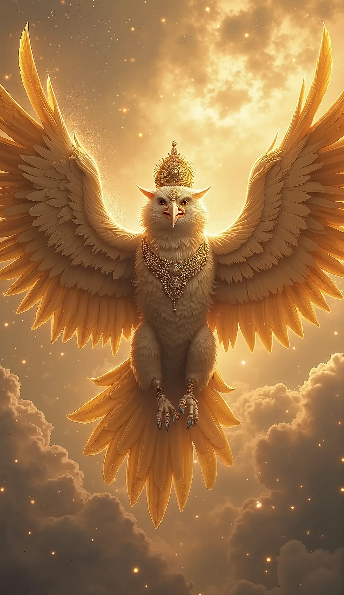 
"A majestic and divine depiction of Garuda, the celestial eagle and vehicle of Lord Vishnu. Garuda has a powerful, muscular body with golden feathers that shine radiantly. His massive wings are spread wide, showcasing intricate details of each feather. Hi...