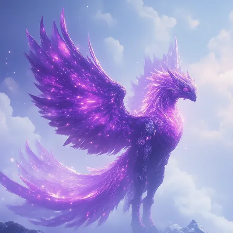 A purple phoenix in the clear sky, its wings spread beautiful with purple glow, beautiful and majestic. far