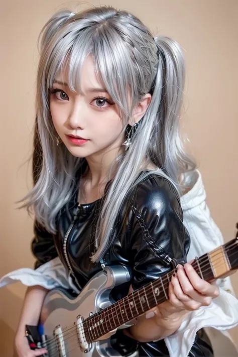 ((big star earrings))、Holding an electric guitar、Rockstar、The artist who plays and talks、(twin tails)、(8k, RAW photo:1.2), detailed face and eyes ,最high quality, super A high resolution, Very Detailed , delicate details ,masterpiece ,cute girl ,  soft cine...