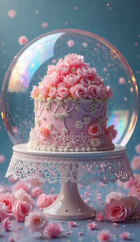 There was a beautiful cake on a lace ribbon、 beautiful bright multicolor crystal transparent ball with a beautiful cake on a lace ribbon,