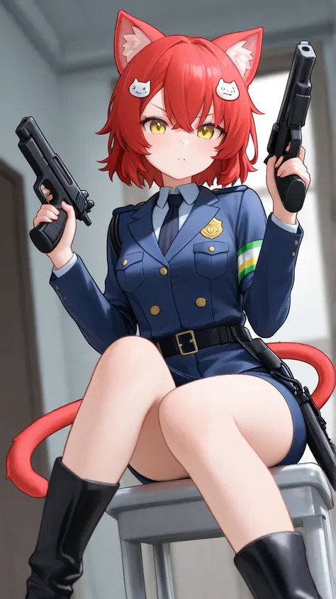 I have short red hair 。I'm a police officer。They have cat ears 。They have yellow eyes 。I'm wearing a cat hairpin。 and I'm wearing police officer clothes。 gun as if ridiculously。It's a serious expression。