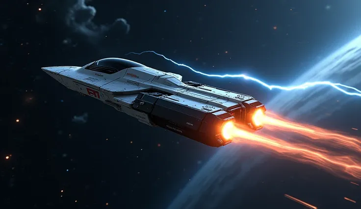 Create a futuristic sci-fi scene featuring a sleek, angular spaceship flying through deep space at high speed. The spaceship should have a metallic, aerodynamic design with sharp edges and glowing orange thrusters leaving bright fiery trails. The backgroun...