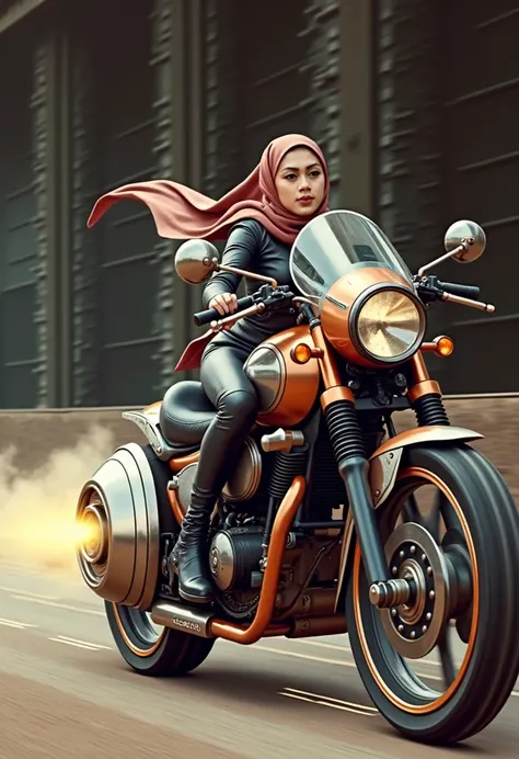 A sleek, a busty plump muscle korean hijab muslimah woman riding futuristic motorcycle depicted in a Dieselpunk Dynamo style, blending Art Deco design with industrial machinery and a gritty, post-apocalyptic aesthetic. Fast motion riding. Use a color palet...