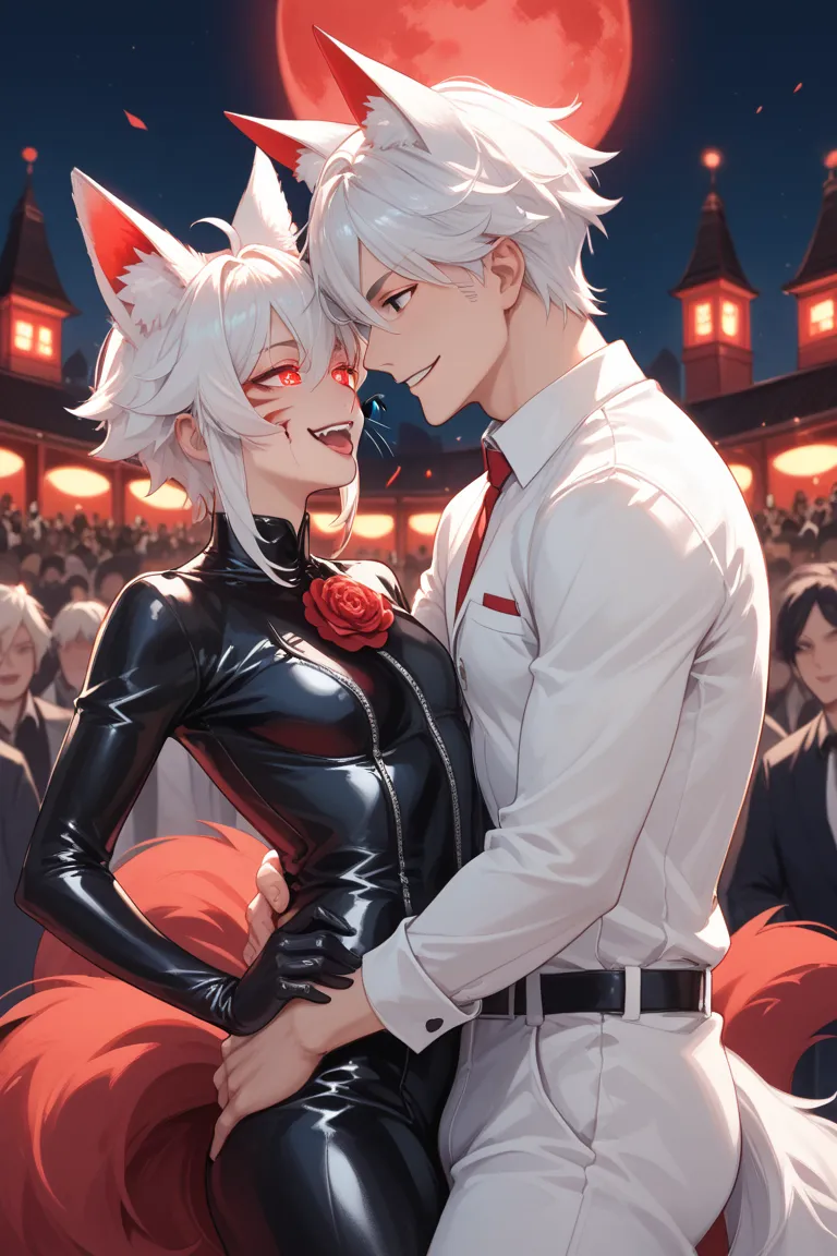 jinchuriki boy,  white hair,white fox ears on top of the head,  smooth leather, Black eyes with a red iris, glowing eyes, On his cheeks is a pattern of fox whiskers, He has magical powers, bloody smile , white jumpsuit,  latex, синие узоры на  latexе, red ...