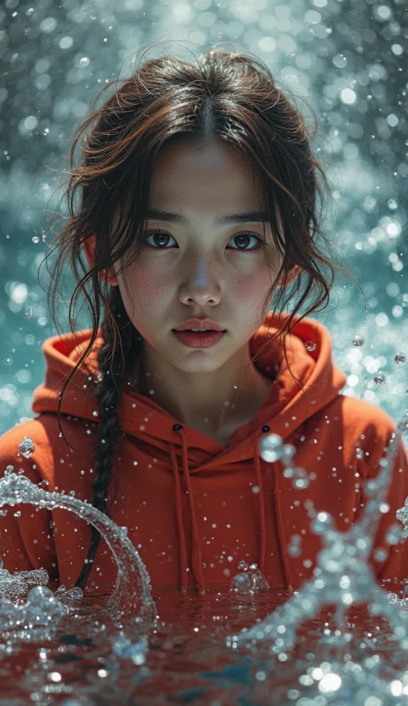 a brown-haired Thai woman wearing a red hoodie、The sparkles of water are spinning