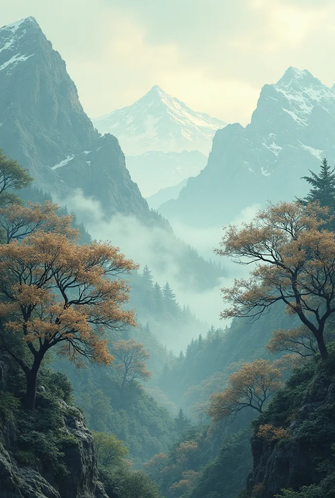 Many trees with flowers of brown color on the background of misty mountains