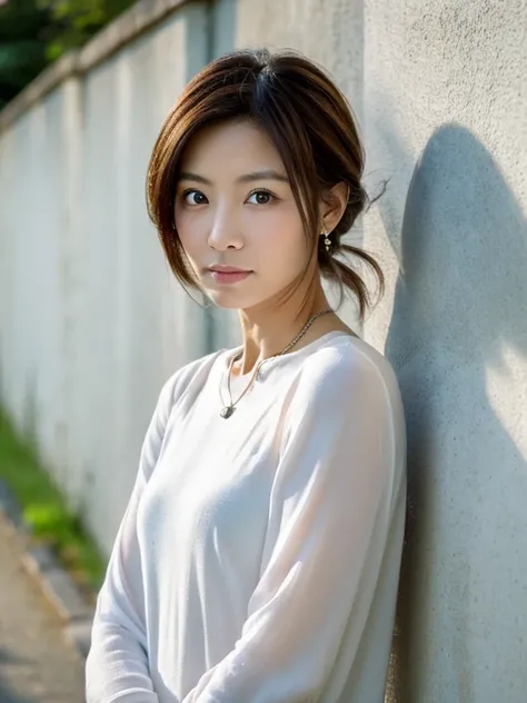 ( very realistic photo , Hi-Res, detailed face, beautiful eyes),  Taken in front of a white wall 、Japanese Woman, 40 years old, Various expressions, alone:1,  slim figure, Mr.々 hairstyle, A dress that becomes a miniskirt white shirt、 One of the people in t...