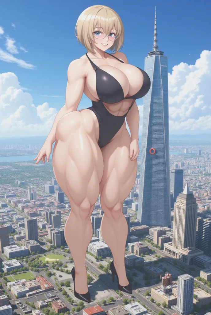 multiple girls, giantess art, highly detailed giantess shot, giantess, most detailed, perfect face, two legs, five fingers, short hair, beautiful girl bigger than a skyscraper, wearing rimless glasses, smiling, huge breasts, swimsuit, stiletto heels, under...