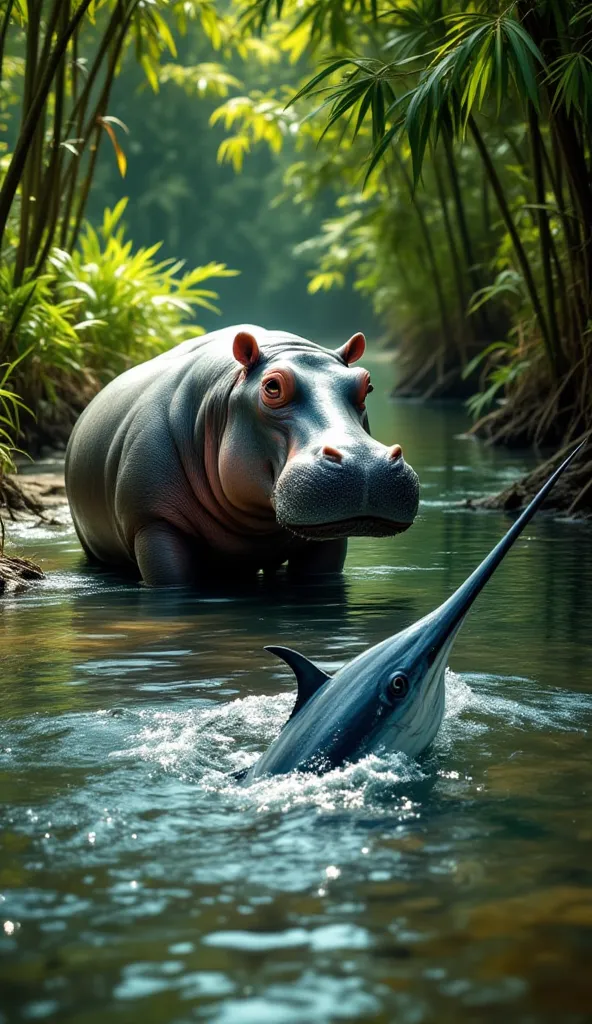 A real-life hippopotamus and a majestic marlin (swordfish) appear side by side in a unique, natural environment where land and water meet. The hippo, with its large, muscular frame and thick, grayish skin, stands partially submerged in the shallow waters o...