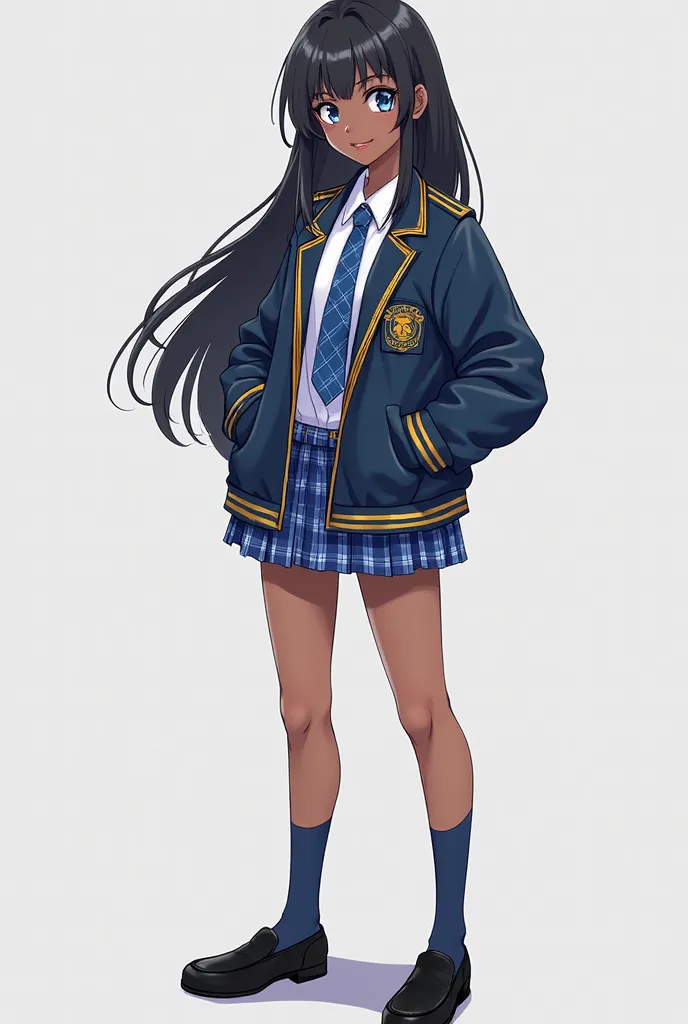 anime young adult African American female, long black hair, blue eyes, dark blue high school jacket with gold edges, white shirt underneath, blue plaid tie, blue plaid miniskirt, dark blue socks, black loafers