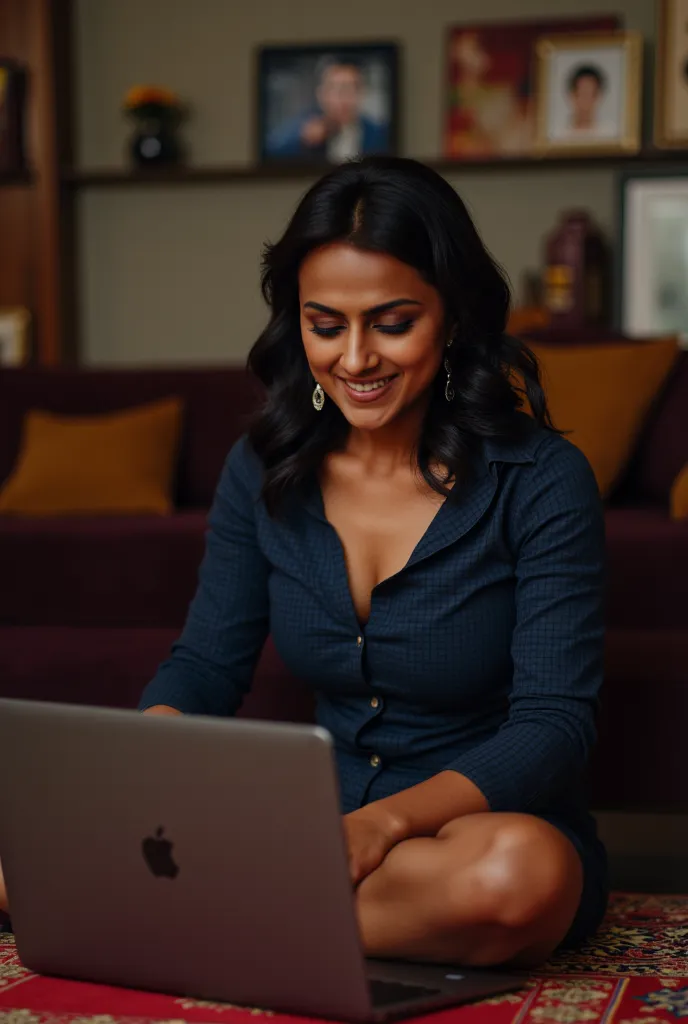 Indian woman showing cleavage, she is sitting on the floor and doing sex chat on laptop, thigh seen, erotic, seducing, her dark blue small check shirt is unbuttoned from top, she is smiling at the laptop screen, sexy facial expressions, smiling gently, in ...