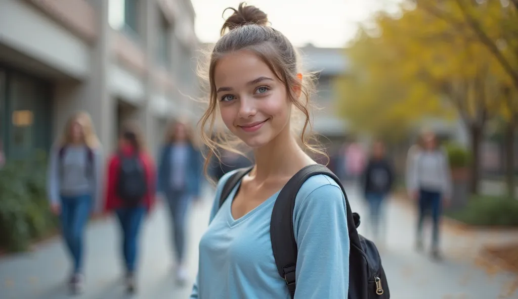 A beautiful girl stands gracefully, a vision of youthful beauty. Her fair skin, smooth and radiant, glows under the soft light of the school courtyard. Her hair is neatly gathered in a bun, a few strands framing her face, adding a touch of effortless elega...