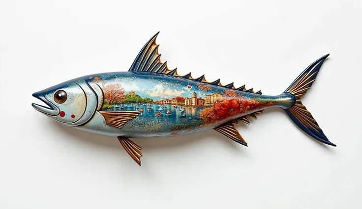 Create a comical 3D model of a stylized sardine that represents tourism in Portugal. The shape of the sardine must be fluid and harmonious, com texturas que combinem elementos culturais icônicos like blueejos pintados em azul e branco, metallic reflections...