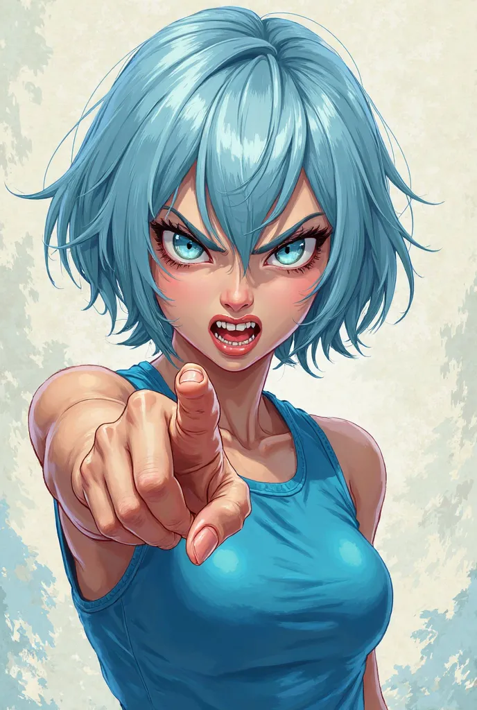 Girl with short shoulder-length hair light blue,Slim light blue eyes,fangs,She is angry,Chinese blue sleeveless clothing,she is flat on her breasts,Point forward with your index finger,Drawing style