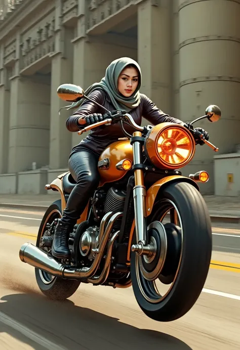 A sleek, a busty plump muscle korean hijab muslimah woman riding futuristic motorcycle depicted in a Dieselpunk Dynamo style, blending Art Deco design with industrial machinery and a gritty, post-apocalyptic aesthetic. Fast motion riding. Use a color palet...