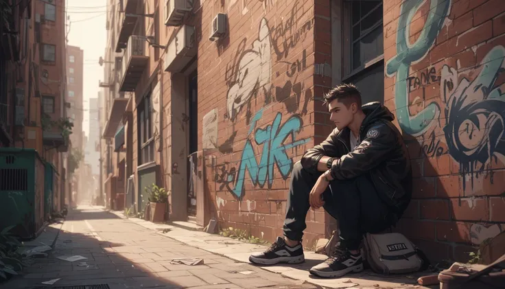  A man sits in a quiet alley, leaning against a brick wall covered in faded graffiti. His fingers pick out a tune that drifts through the empty streets, blending with the distant hum of the city that has long forgotten him.