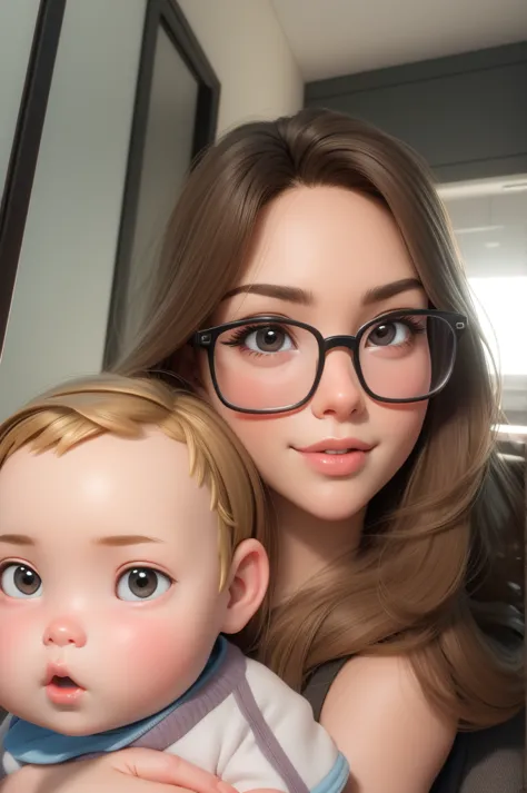 there is a woman holding a baby and wearing glasses, 18 years old, 21 years old, 3 0 years old woman, 30 years old woman, with a , 2 , 2 , 1 , very very low quality picture, 2 , 2 , 1 HD, (best detail), (best quality), cartoon, 3DMM,