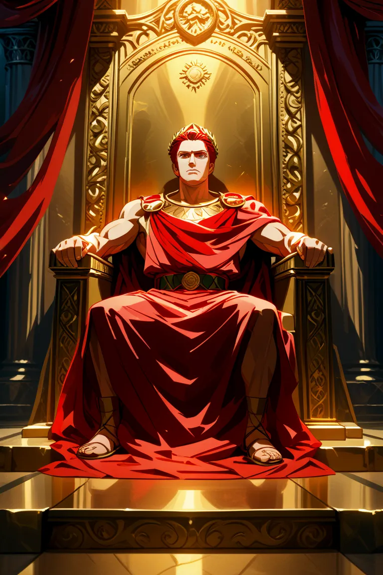 Julius Caesar in anime style. Wearing Roman clothes and with an authoritative face. Making little bit muscular. Sitting on his throne.