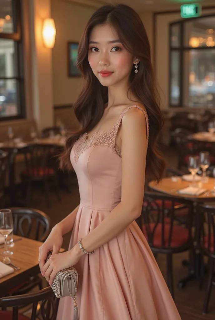 **"An ultra-realistic full-body portrait of a stunning young woman in her early to mid-20s of **East Asian or mixed Southeast Asian descent**, standing gracefully in an elegant restaurant setting, dressed for a romantic date night. She has a **soft, heart-...