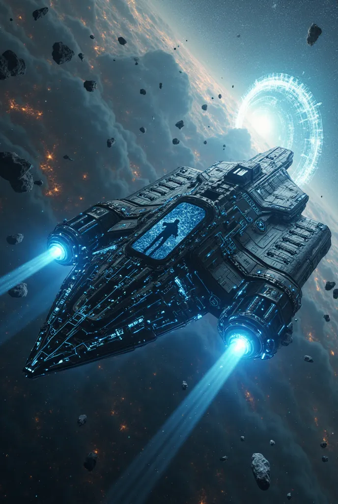 "A colossal spaceship, ECHO-7, drifts through the endless void of deep space, its sleek metallic hull reflecting the faint glow of distant stars. The ship’s surface is adorned with intricate glowing blue circuit-like patterns, pulsing softly as if alive. M...