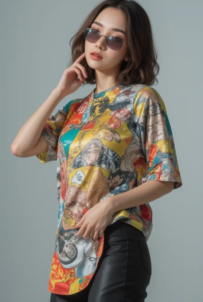 A stylish spanish woman , 28 years old, midle-dark skin tone, with shoulder-length, wavy brown hair, confidently posing in a vibrant, oversized silk T-shirt featuring a collage of colorful yonkoma manga. The T-shirt has a loose fit, glossy silk texture, an...