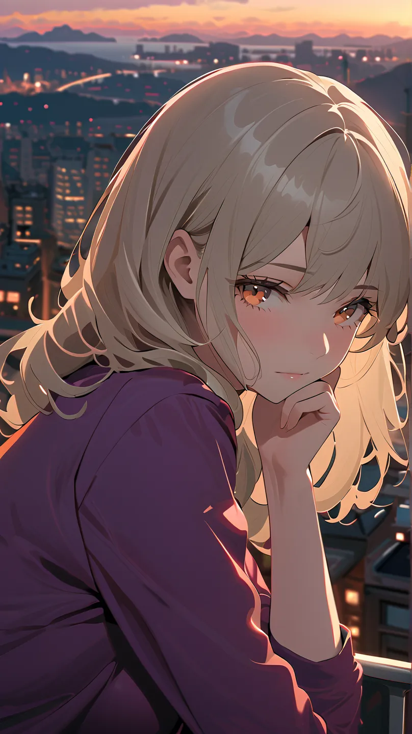 A young, fair-skinned anime girl is slightly left of center in the frame. She looks down thoughtfully, resting her chin on her hand. Her hair is long, brown, and straight, reaching down to her shoulders. Her expression is calm and contemplative. Her skin i...