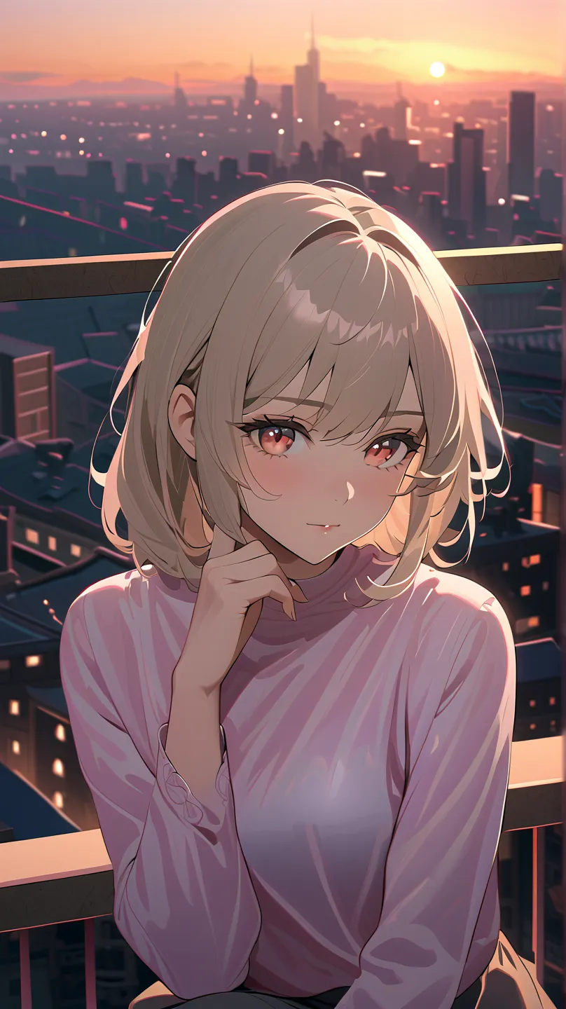 A young, fair-skinned anime girl is slightly left of center in the frame. She looks down thoughtfully, resting her chin on her hand. Her hair is long, brown, and straight, reaching down to her shoulders. Her expression is calm and contemplative. Her skin i...