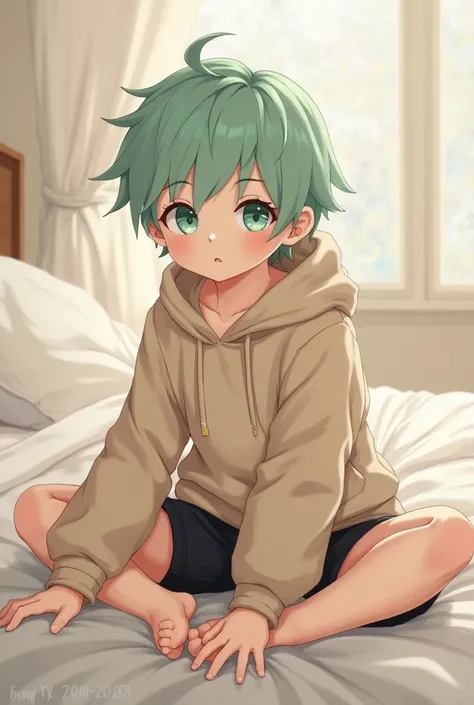 Mint pastel color hair with green eyes little male boy wearing black shorts and light brown over size hoodie, sitting on the bed.