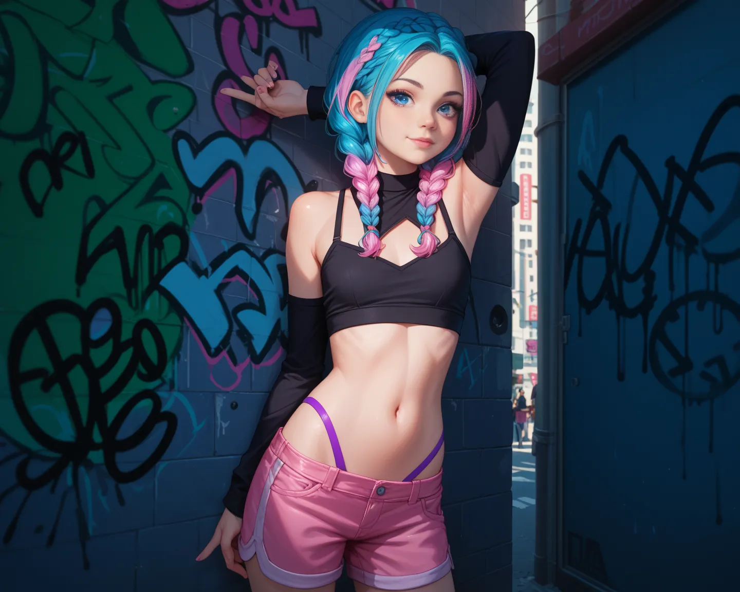 1 loli, braids behind the head,  top preto, pink shorts with purple stripes, with a graffiti wall,  multi-color hair color, blue eyes