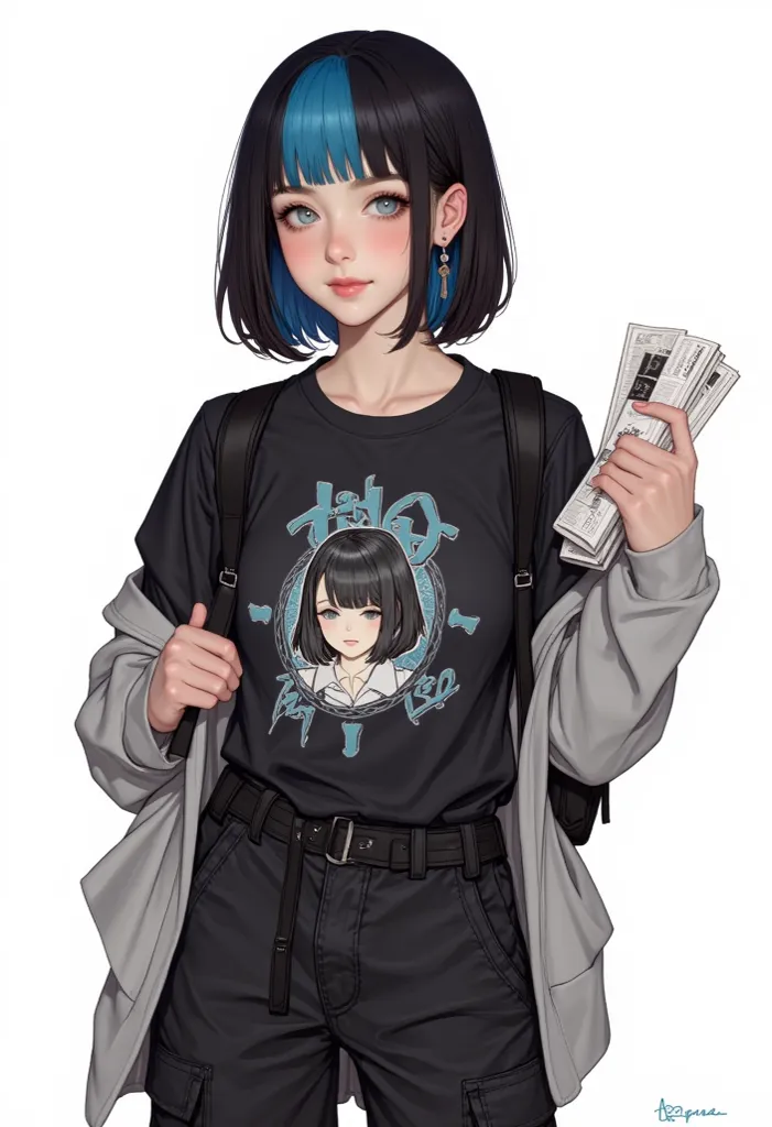 Manga-style illustration of an anime-style girl.  25 years. Half-haired black hair with blue tips. blue eyes. 
He wears an oversized black t-shirt with an anime drawing on the front and gray open jersey and black cargo shorts.
He's smiling looking at the c...