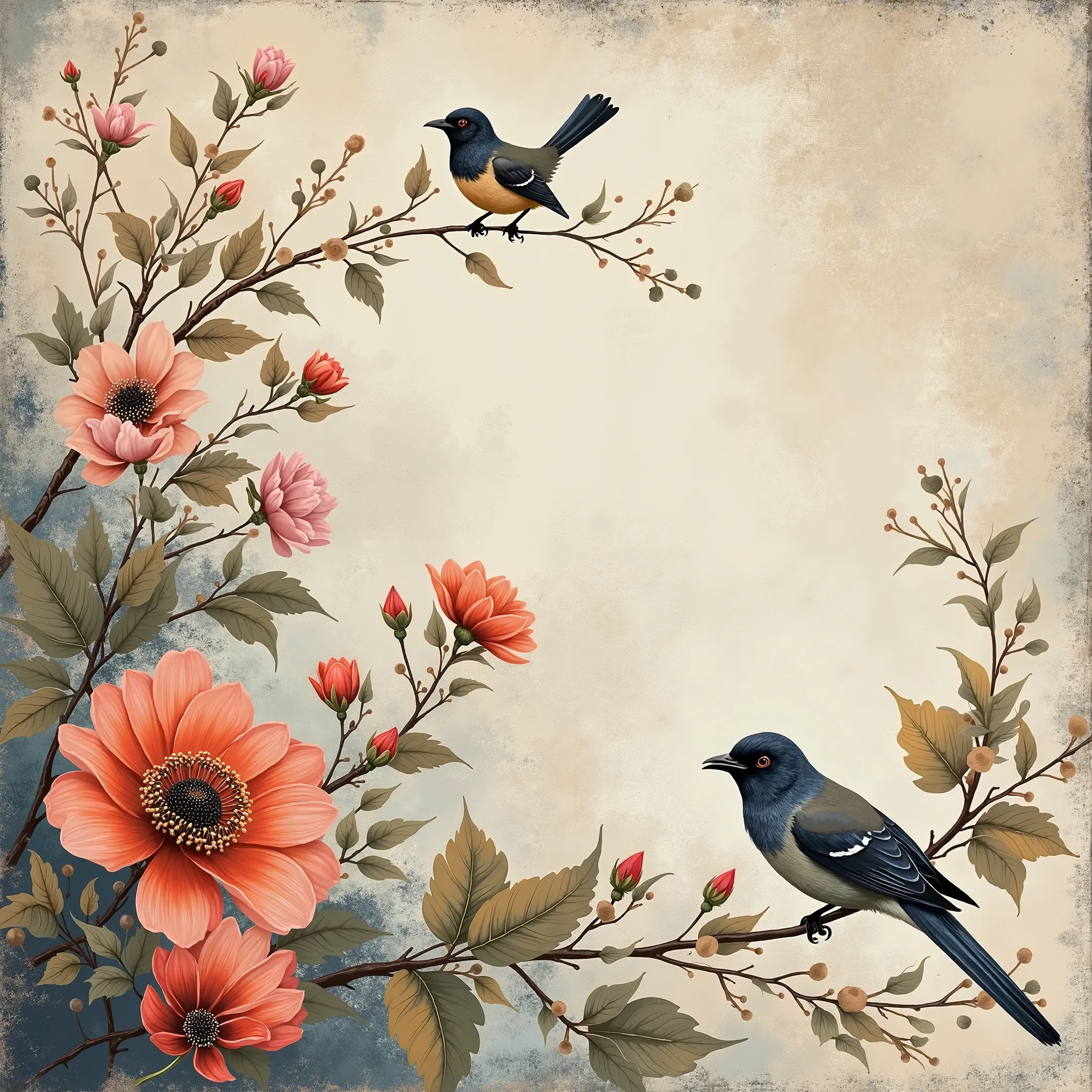 
Abstract artistic background. Vintage illustration, flowers, branches, birds, golden brushstrokes. Textured background. Oil on canvas. modern Art. grey, wallpaper, poster, card, mural, print, wall art