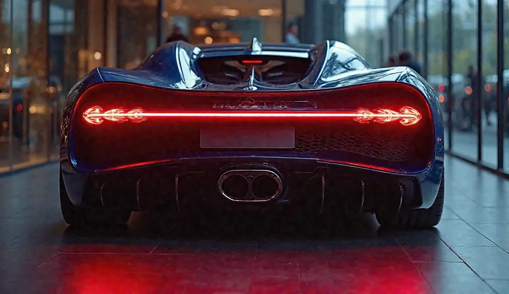 A cinematic rear-angle view showcasing the bold, illuminated Bugatti logo and the unique six-exhaust-pipe setup. The ultra-thin LED tail light strip stretches across the width, emitting a sharp red glow. The luxury showroom ambiance remains sleek and moder...