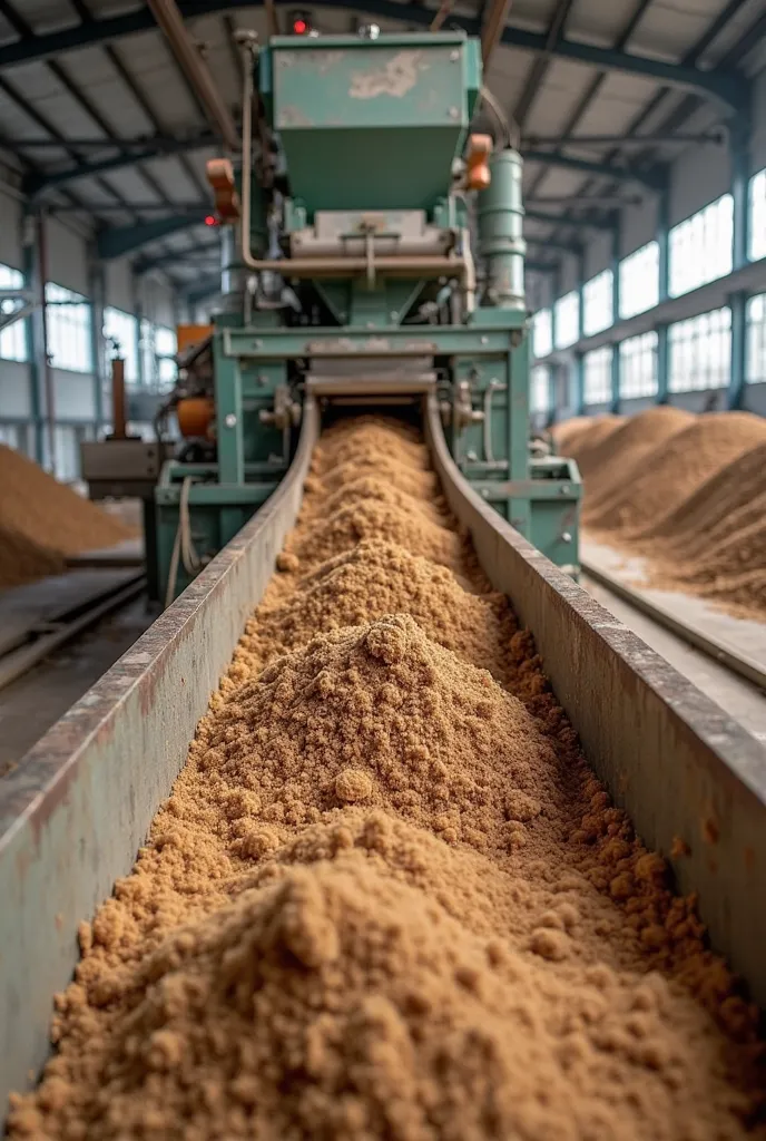 Create image 

An industrial processing unit producing finely ground cocopeat powder. The scene features a large conveyor belt system transporting rich brown, fibrous coconut coir material. The machine is actively processing and breaking down coconut husks...