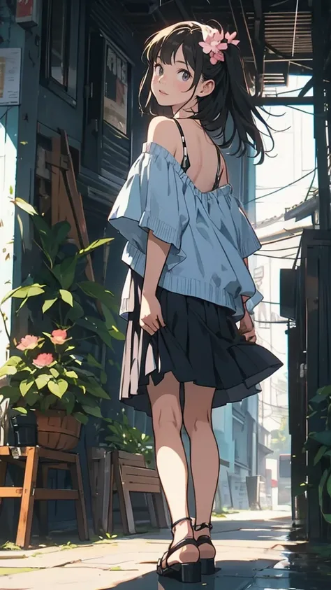 A beautiful anime-style young woman with a slender physique and fair skin is standing in the middle of a sunlit urban street, turning slightly to glance back over her shoulder. She has large, expressive brown eyes and a gentle smile, conveying a soft and i...