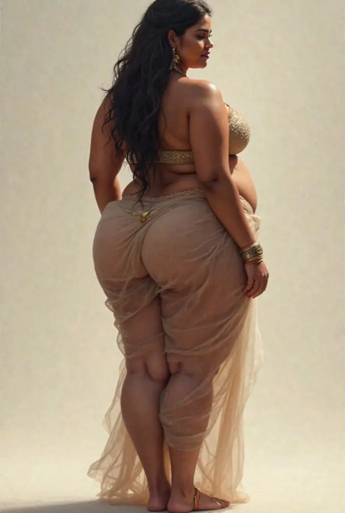 Hot figure hot thick teigh tall hot Indian girl wear hot transparent saree sitting on her knees back view 