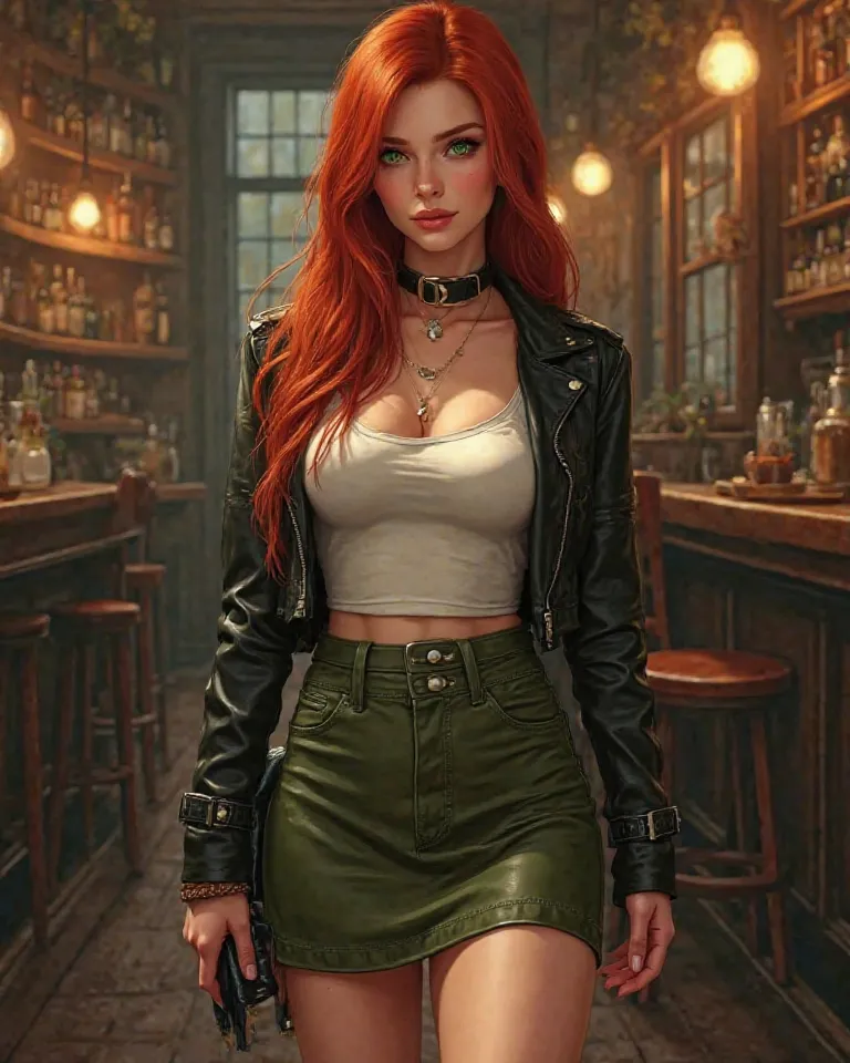 Pretty red-haired girl with green eyes. hourglass body, curvilinear and flat abdomen. She has long straight hair. has a septum in his nose. She is wearing a short olive green skirt that is tight to the body, black buccaneer boots and a white fitted blouse ...