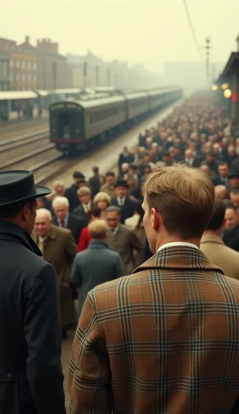 Image is a cinematic, wide-angle shot depicting a bustling outdoor scene with a vintage, sepia-toned filter. The layout is crowded, with numerous people gathered in an open area, possibly a train station or market. In the foreground, a man with short, ligh...