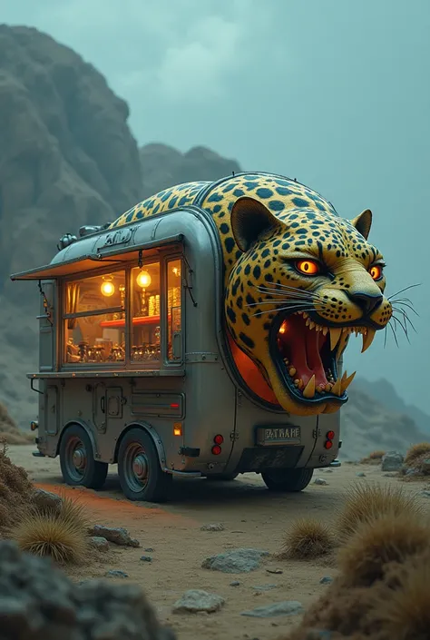 Cage trailer with jaguar shaped cafeteria