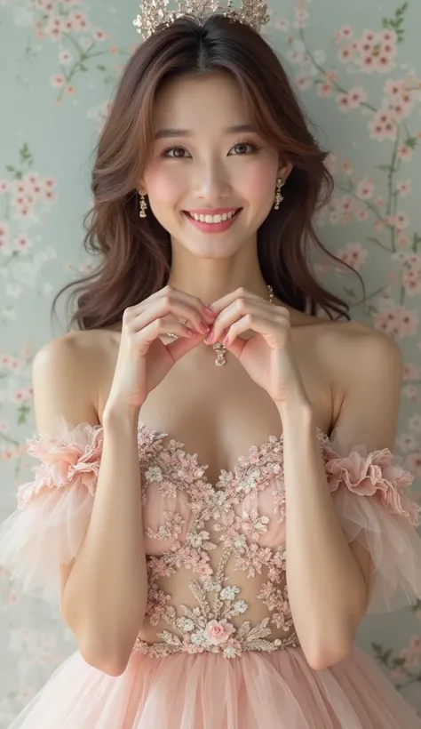 facing the front、Realistic image of a KPOP woman wearing a beautiful dress and making a gesture to make hearts with a smile on her face 