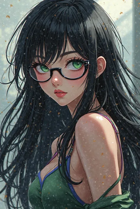 Beautiful girl with long black hair with bangs wearing sportswear with green eyes and anime style glasses Boku No Hero Academia