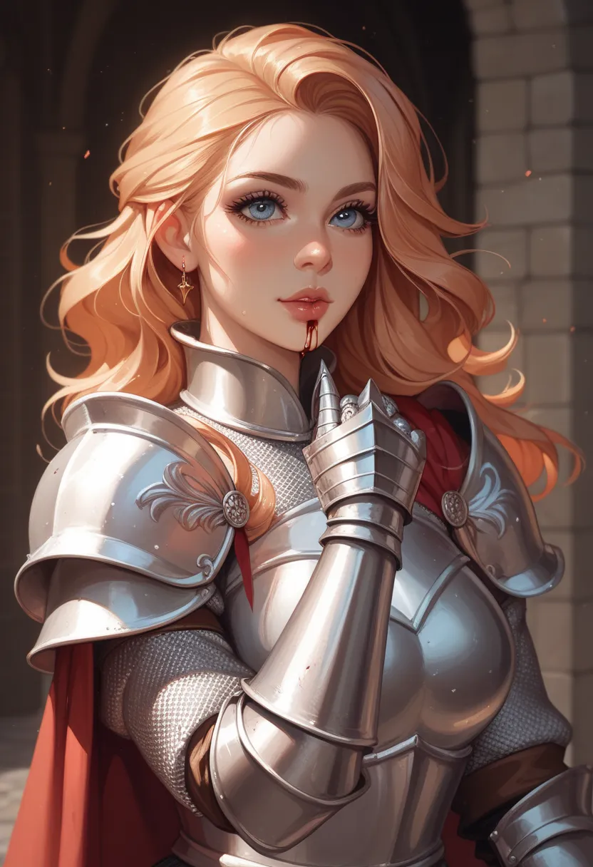 Knight girl,medieval armor,dark fantasy,dark tile,all in blood,