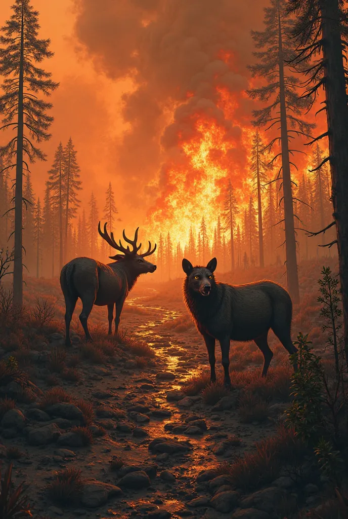 Make a picture of a forest fire disaster. Vivid picture with animals burned by forest fire. Dryness of land due to forest fire. Desert, lack of water.