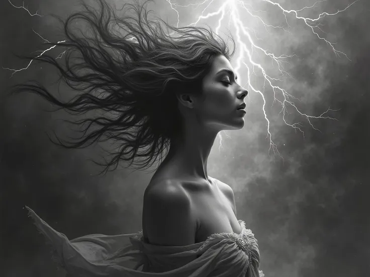 fantasy art, a beautiful young caucasian woman melding with a raging tempest thunderstorm, charcoal drawing in the style of Luis Royo, rendered image, 8k, trending on artstation 