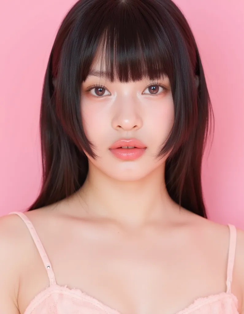 Generates an image of a young woman , Dark-haired and soft ,   The overall mood creates a bright  . , she was born with a bright colored top , gentle pink blush and glossy lips,   fresh and young 々  .  she creates a delicate ,  emphasizes beauty and simpli...