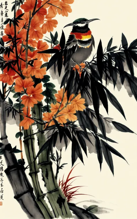 shukezouma, shuimobysim, ((starling)), willow branches, (masterpiece, best quality: 1.2), ((Traditional Chinese ink painting)), model style, bamboo branches, bamboo, wuchangshuo, red, orange, black, fire, starling, bird