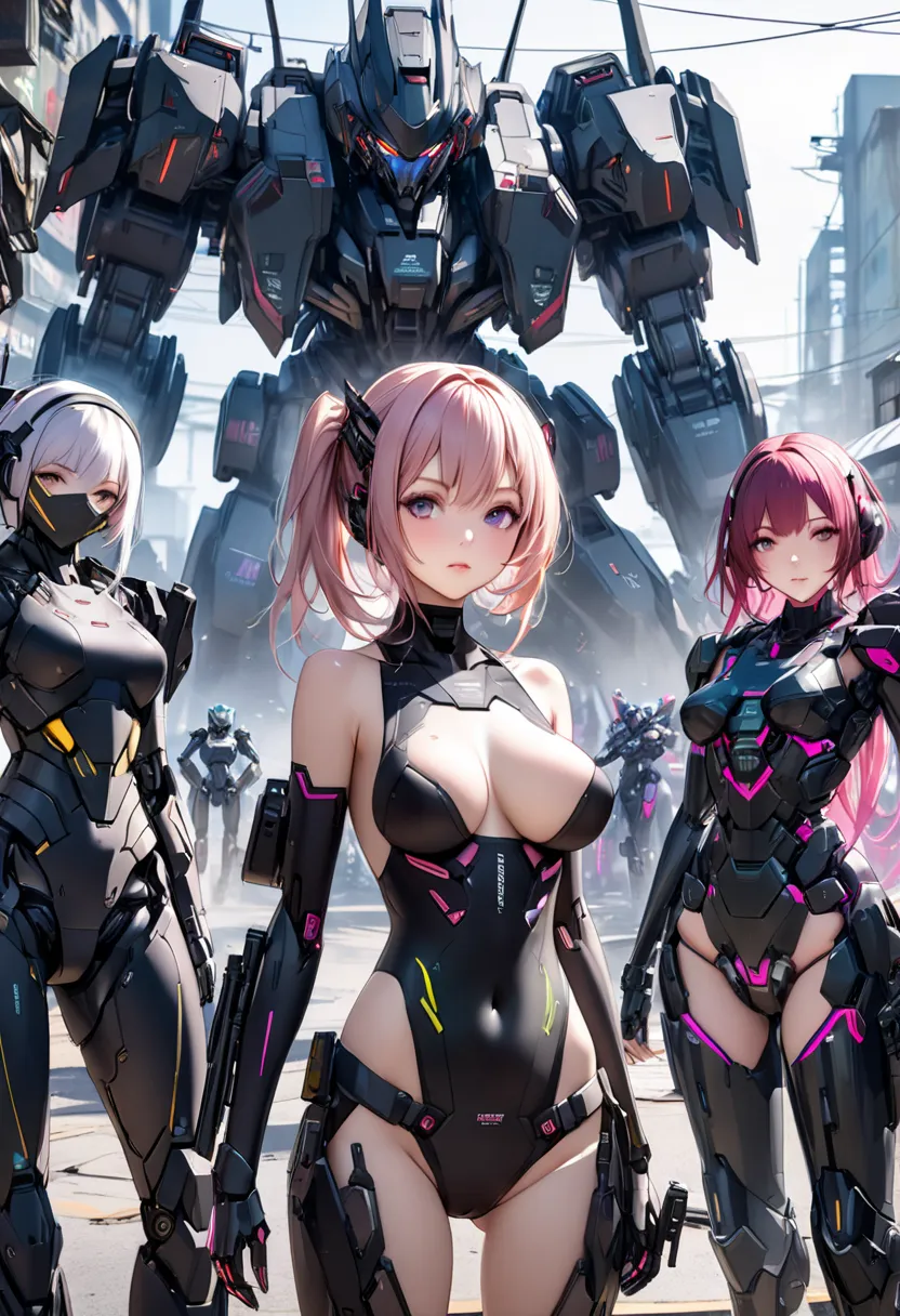 Anime girl with a gun and armor standing in front of a group of robots,  Mechanical Soldier Girl, Best anime 4K konachan wallpaper , m4 sopmod ii girls frontline , tits cyberpunk, Mecha Cyber Armored Girl ,  Japanese Cyborg ,  cyberpunk anime girl mech ,  ...