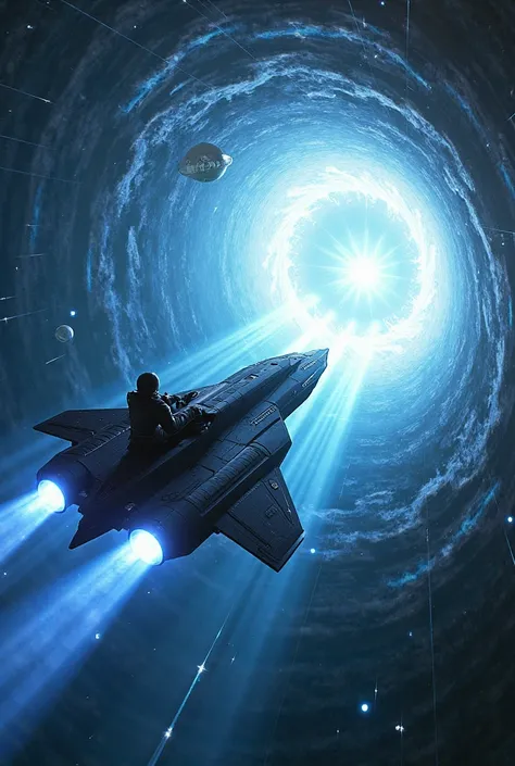 As the spaceship ECHO-7 crosses the event horizon of the interstellar gateway, a surge of radiant blue energy engulfs the craft. The cockpit shakes slightly as the astronaut grips the controls, eyes locked on the swirling vortex of light ahead. Stars stret...