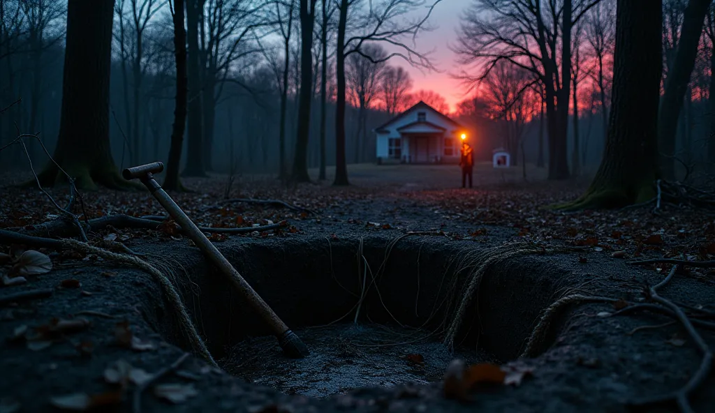 "A haunting, desolate scene of a dense Kentucky forest at dusk, where a shallow hole reveals an old, rusted shovel and a frayed rope half-buried in damp earth, surrounded by twisted roots and scattered leaves. In the distance, a lonely house glows faintly ...