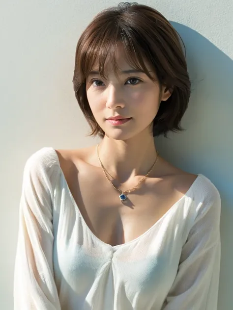 ( very realistic photo , Hi-Res, detailed face, beautiful eyes),  Taken in front of a white wall 、Japanese Woman, 40 years old, Various expressions, alone:1,  slim figure, Mr.々 hairstyle, A dress that becomes a miniskirt white shirt、 One of the people in t...